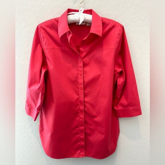 CHICO'S | Bright Pink No Iron 1/2 Button Front 3/4 Length Sleeve Blouse | Small - Picture 1 of 7